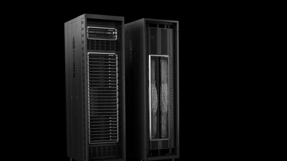 Two black NVIDIA GB200 NVL72 racks standing side by side, shown in greyscale