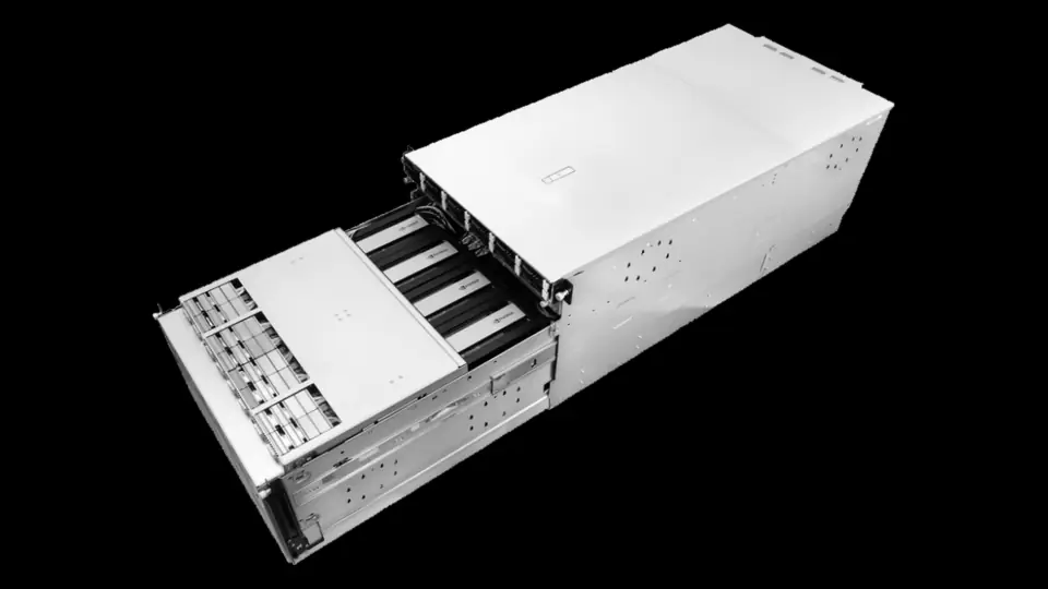 Silver 8U HGX B300 server chassis with the lid slid back to show the GPU modules