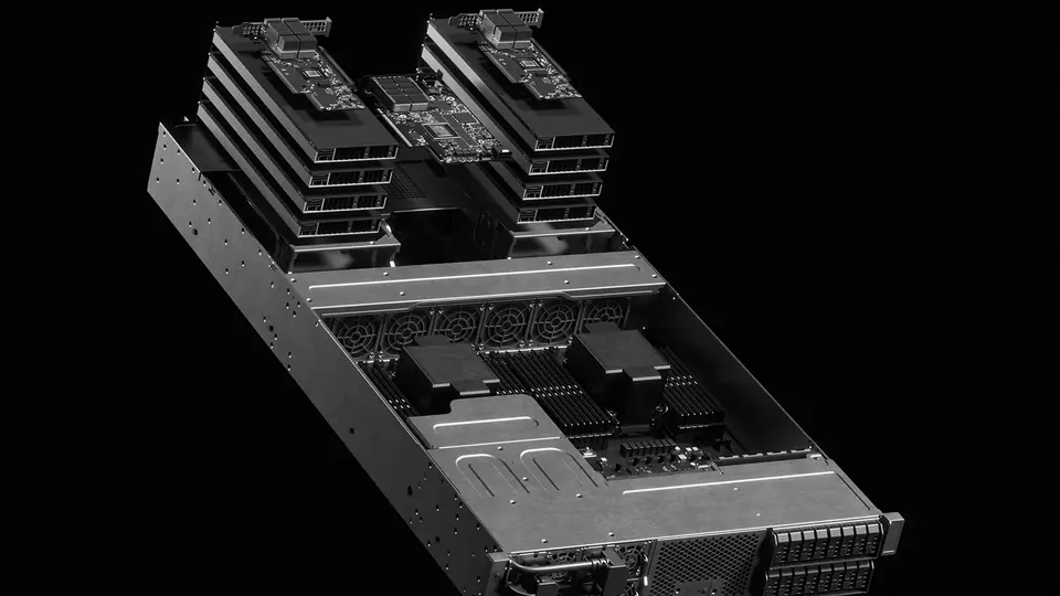 NVIDIA RTX PRO server with the cover off, showing two GPU stacks and the host board